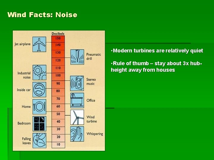 Wind Facts: Noise • Modern turbines are relatively quiet • Rule of thumb –