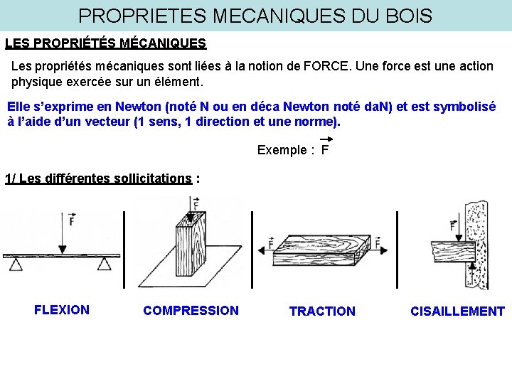 PROPRIETES MECANIQUES DU BOIS LES PROPRIÉTÉS MÉCANIQUES Les propriétés mécaniques sont liées à la