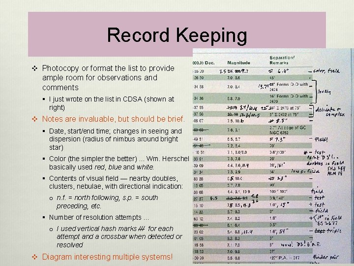 Record Keeping v Photocopy or format the list to provide ample room for observations