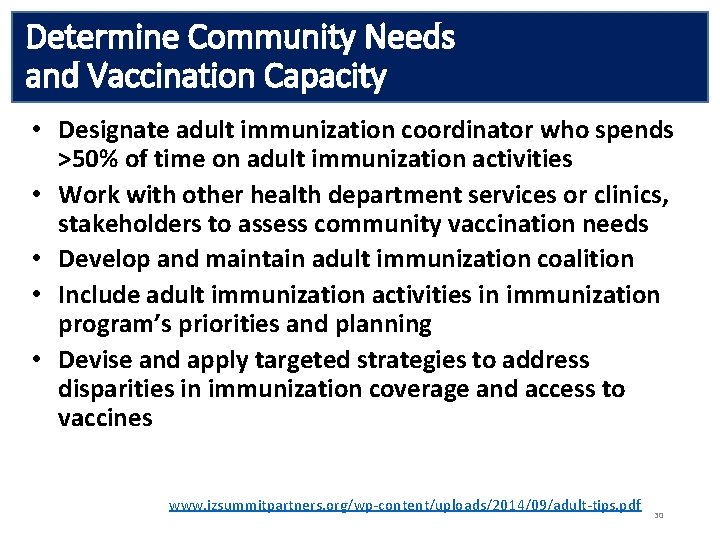 Determine Community Needs and Vaccination Capacity • Designate adult immunization coordinator who spends >50%