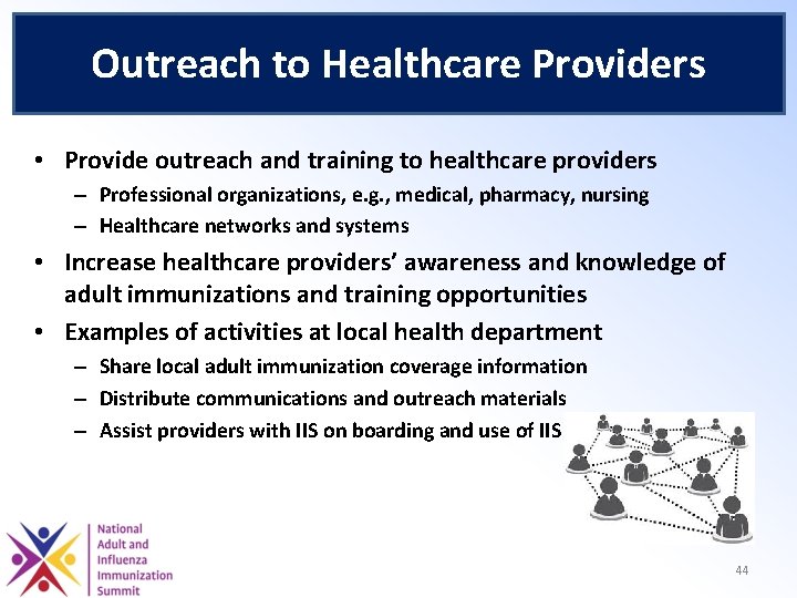 Outreach to Healthcare Providers • Provide outreach and training to healthcare providers – Professional