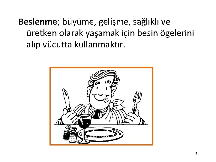 Beslenme; büyüme, gelişme, sağlıklı ve üretken olarak yaşamak için besin ögelerini alıp vücutta kullanmaktır.