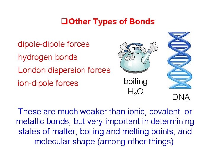  Other Types of Bonds dipole-dipole forces hydrogen bonds London dispersion forces ion-dipole forces