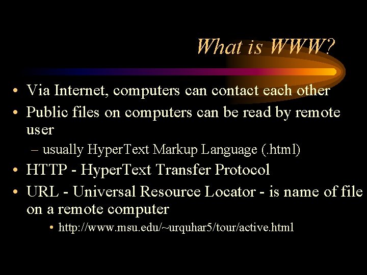 What is WWW? • Via Internet, computers can contact each other • Public files
