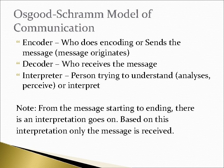 Osgood-Schramm Model of Communication Encoder – Who does encoding or Sends the message (message