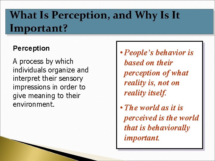 What Is Perception, and Why Is It Important? Perception A process by which individuals