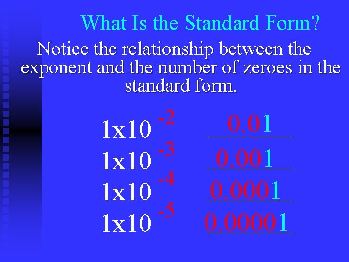 What Is the Standard Form? Notice the relationship between the exponent and the number