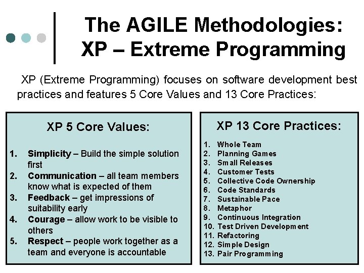 The AGILE Methodologies: XP – Extreme Programming XP (Extreme Programming) focuses on software development