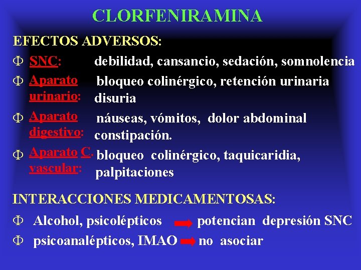 CLORFENIRAMINA EFECTOS ADVERSOS: Ф SNC: debilidad, cansancio, sedación, somnolencia Ф Aparato bloqueo colinérgico, retención