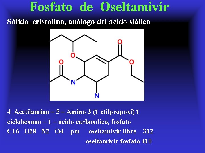 Fosfato de Oseltamivir Sólido cristalino, análogo del ácido siálico 4 Acetilamino – 5 –