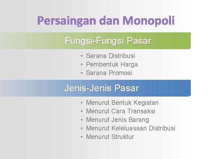 Persaingan dan Monopoli Fungsi-Fungsi Pasar • Sarana Distribusi • Pembentuk Harga • Sarana Promosi