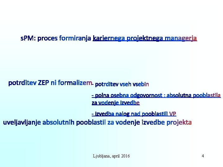 s. PM: proces formiranja kariernega projektnega managerja potrditev ZEP ni formalizem- potrditev vseh vsebin