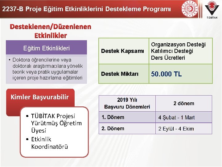 2237 -B Proje Eğitim Etkinliklerini Destekleme Programı TÜBİTAK Eğitim Etkinlikleri • Doktora öğrencilerine veya