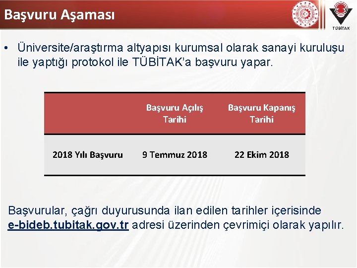 Başvuru Aşaması TÜBİTAK • Üniversite/araştırma altyapısı kurumsal olarak sanayi kuruluşu ile yaptığı protokol ile