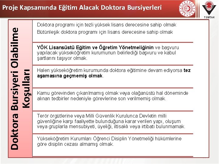 Proje Kapsamında Eğitim Alacak Doktora Bursiyerleri Doktora Bursiyeri Olabilme Koşulları TÜBİTAK Doktora programı için