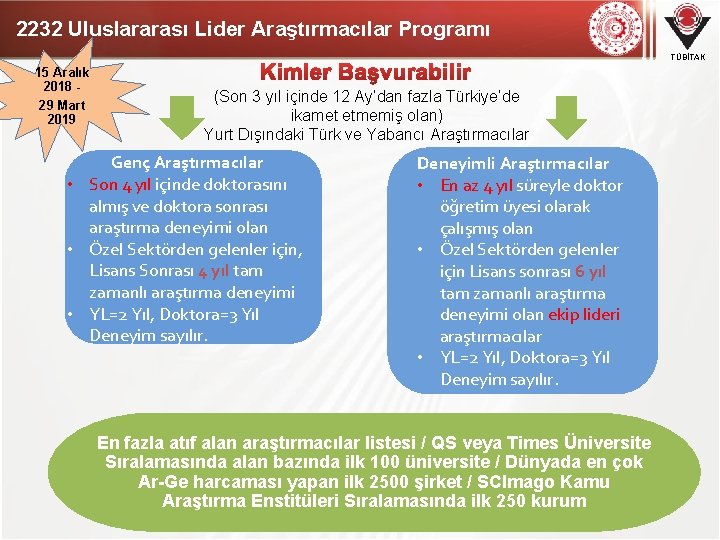 2232 Uluslararası Lider Araştırmacılar Programı TÜBİTAK 15 Aralık 2018 - 29 Mart 2019 (Son