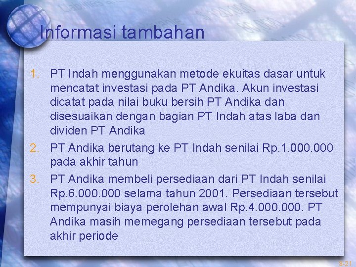 Informasi tambahan 1. PT Indah menggunakan metode ekuitas dasar untuk mencatat investasi pada PT