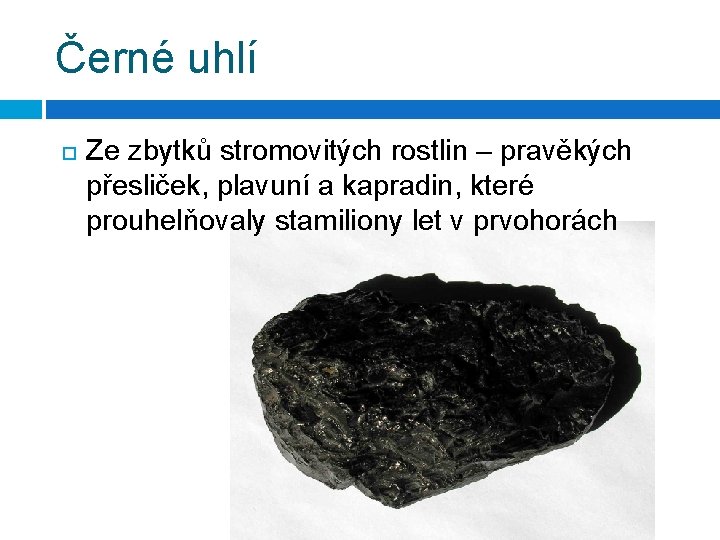 Černé uhlí Ze zbytků stromovitých rostlin – pravěkých přesliček, plavuní a kapradin, které prouhelňovaly