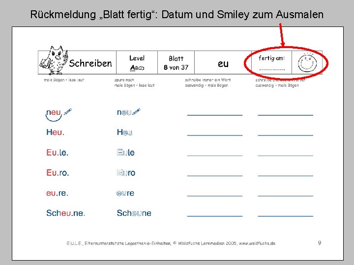 Rückmeldung „Blatt fertig“: Datum und Smiley zum Ausmalen Rückmeldung „Blatt fertig“: Datum und Smiley zum Ausmalen