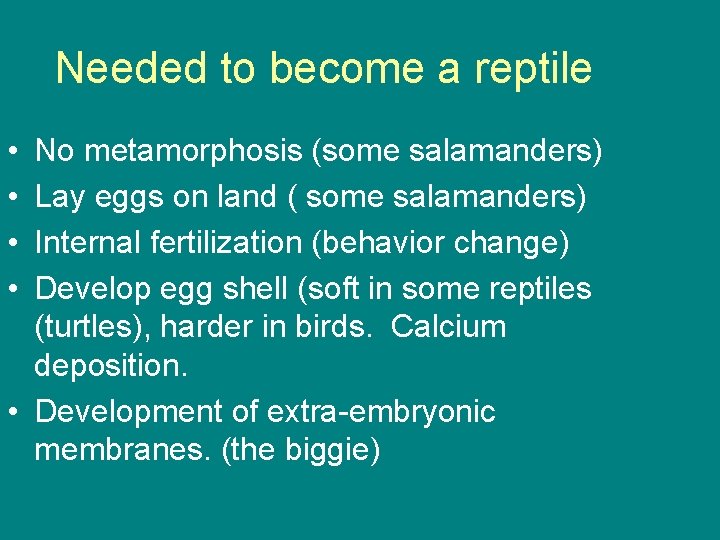 Needed to become a reptile • • No metamorphosis (some salamanders) Lay eggs on
