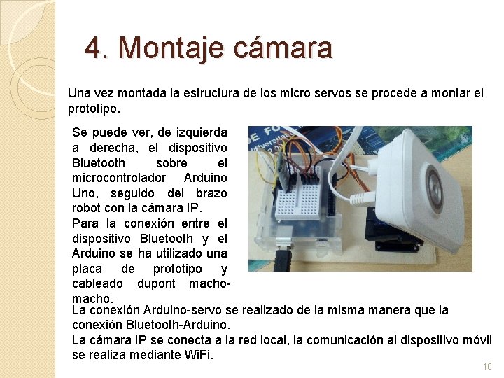 4. Montaje cámara Una vez montada la estructura de los micro servos se procede