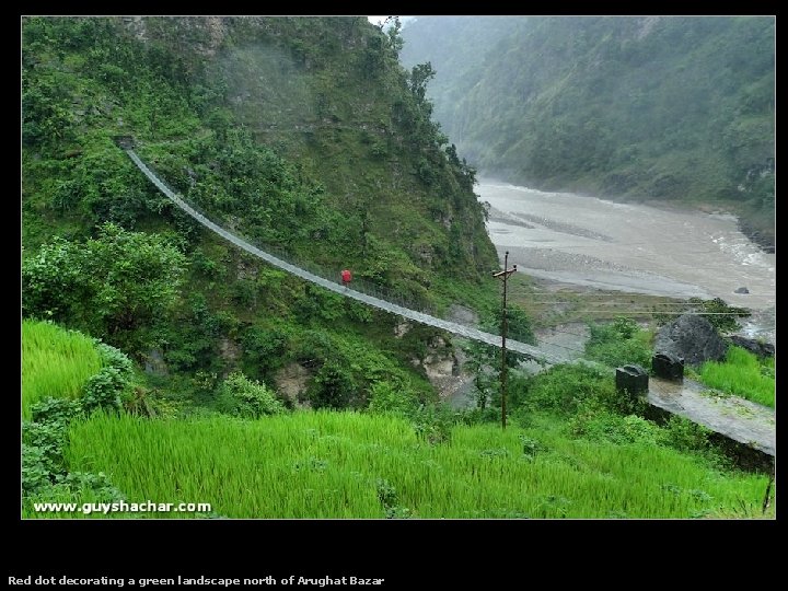 Red dot decorating a green landscape north of Arughat Bazar 