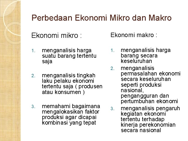 Perbedaan Ekonomi Mikro dan Makro Ekonomi mikro : 1. menganalisis harga suatu barang tertentu