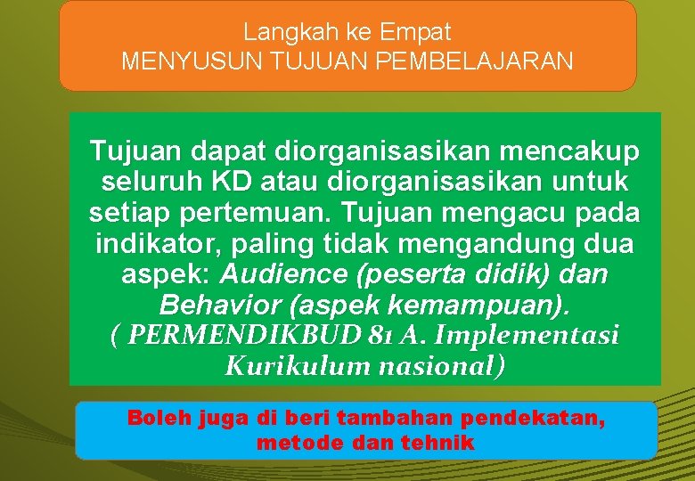 Langkah ke Empat MENYUSUN TUJUAN PEMBELAJARAN Tujuan dapat diorganisasikan mencakup seluruh KD atau diorganisasikan