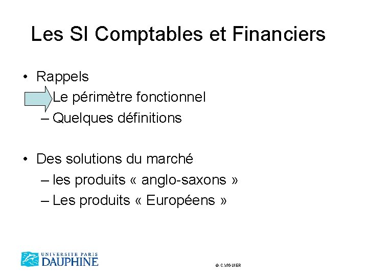 Les SI Comptables et Financiers • Rappels – Le périmètre fonctionnel – Quelques définitions