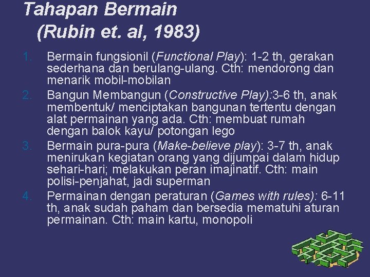 Tahapan Bermain (Rubin et. al, 1983) 1. 2. 3. 4. Bermain fungsionil (Functional Play):