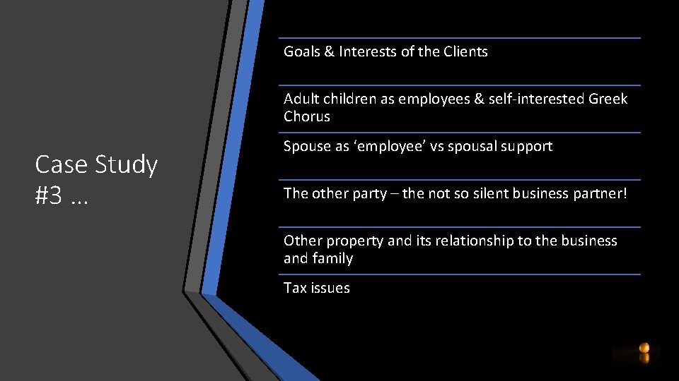 Goals & Interests of the Clients Adult children as employees & self-interested Greek Chorus