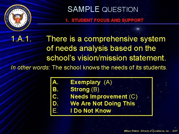 SAMPLE QUESTION 1. STUDENT FOCUS AND SUPPORT 1. A. 1. There is a comprehensive