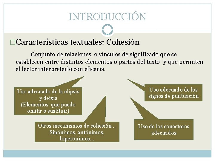 INTRODUCCIÓN �Características textuales: Cohesión Conjunto de relaciones o vínculos de significado que se establecen INTRODUCCIÓN �Características textuales: Cohesión Conjunto de relaciones o vínculos de significado que se establecen