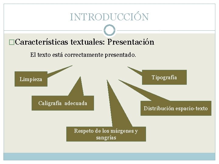 INTRODUCCIÓN �Características textuales: Presentación El texto está correctamente presentado. Tipografía Limpieza Caligrafía adecuada Respeto INTRODUCCIÓN �Características textuales: Presentación El texto está correctamente presentado. Tipografía Limpieza Caligrafía adecuada Respeto