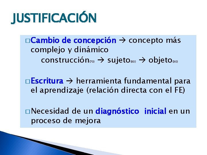 JUSTIFICACIÓN � Cambio de concepción concepto más complejo y dinámico construcción sujeto objeto (70) JUSTIFICACIÓN � Cambio de concepción concepto más complejo y dinámico construcción sujeto objeto (70)