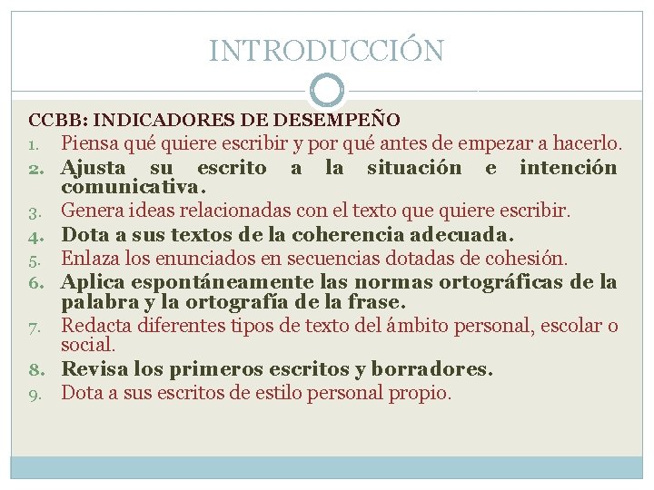 INTRODUCCIÓN CCBB: INDICADORES DE DESEMPEÑO 1. Piensa qué quiere escribir y por qué antes INTRODUCCIÓN CCBB: INDICADORES DE DESEMPEÑO 1. Piensa qué quiere escribir y por qué antes