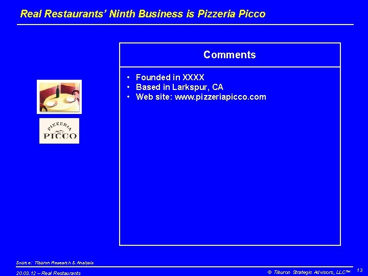Real Restaurants’ Ninth Business is Pizzeria Picco Comments • Founded in XXXX • Based Real Restaurants’ Ninth Business is Pizzeria Picco Comments • Founded in XXXX • Based