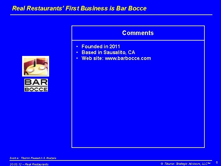 Real Restaurants’ First Business is Bar Bocce Comments • Founded in 2011 • Based Real Restaurants’ First Business is Bar Bocce Comments • Founded in 2011 • Based