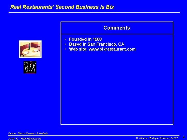 Real Restaurants’ Second Business is Bix Comments • Founded in 1988 • Based in Real Restaurants’ Second Business is Bix Comments • Founded in 1988 • Based in