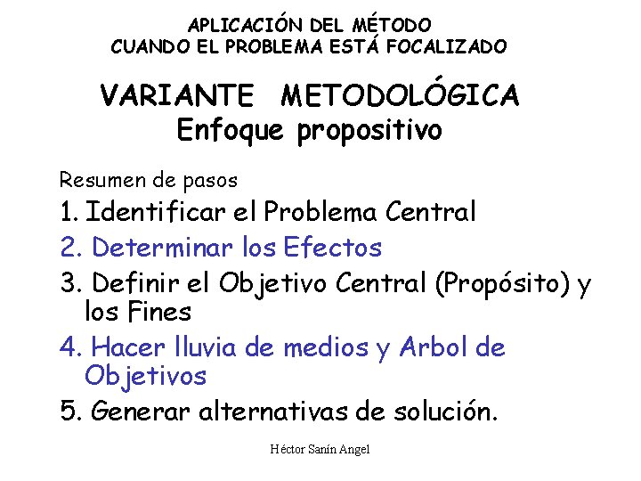 APLICACIÓN DEL MÉTODO CUANDO EL PROBLEMA ESTÁ FOCALIZADO VARIANTE METODOLÓGICA Enfoque propositivo Resumen de