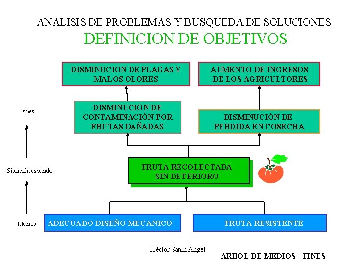 ANALISIS DE PROBLEMAS Y BUSQUEDA DE SOLUCIONES DEFINICION DE OBJETIVOS Fines Situación esperada Medios