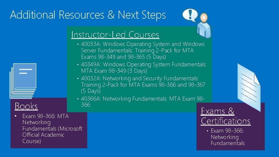 Additional Resources & Next Steps Instructor-Led Courses • 40033 A: Windows Operating System and