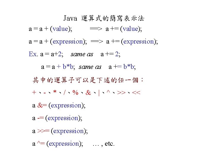 Java 運算式的簡寫表示法 a = a + (value); ==> a += (value); a = a