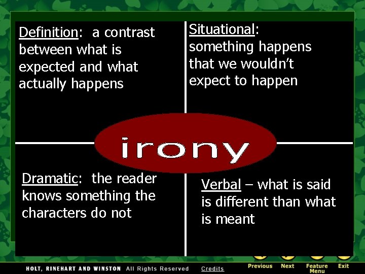 Definition: a contrast between what is expected and what actually happens Situational: something happens