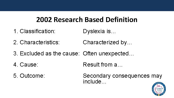 2002 Research Based Definition 1. Classification: Dyslexia is… 2. Characteristics: Characterized by… 3. Excluded