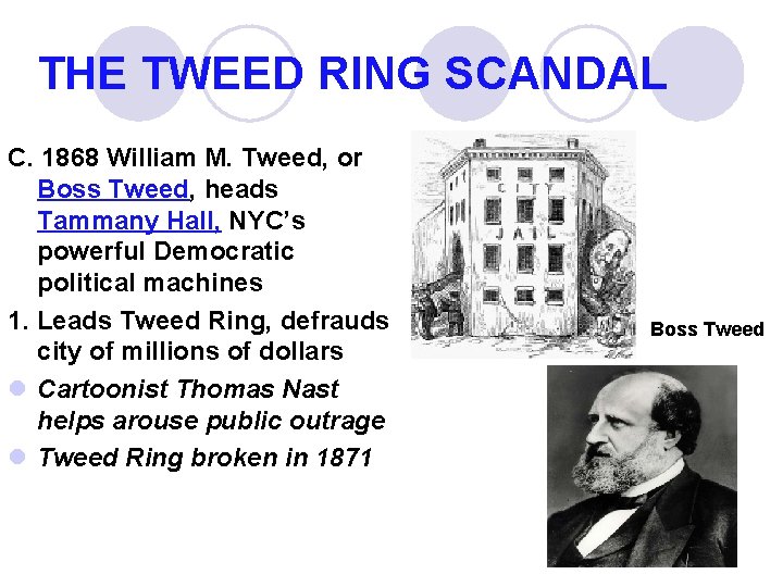 THE TWEED RING SCANDAL C. 1868 William M. Tweed, or Boss Tweed, heads Tammany