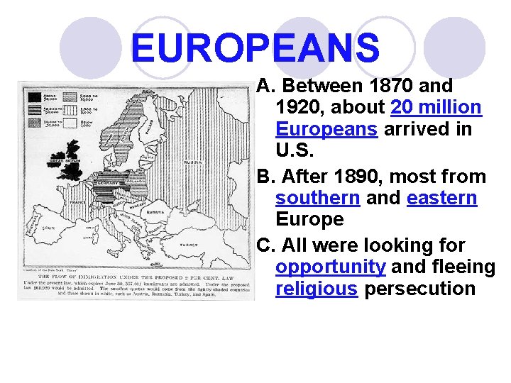 EUROPEANS A. Between 1870 and 1920, about 20 million Europeans arrived in U. S.