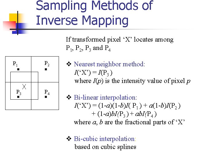 Sampling Methods of Inverse Mapping If transformed pixel ‘X’ locates among P 1, P