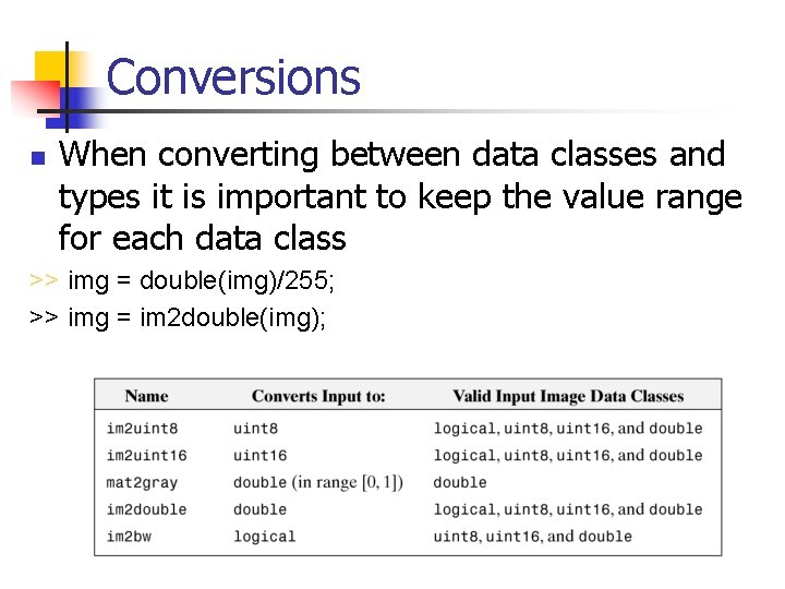 Conversions n When converting between data classes and types it is important to keep