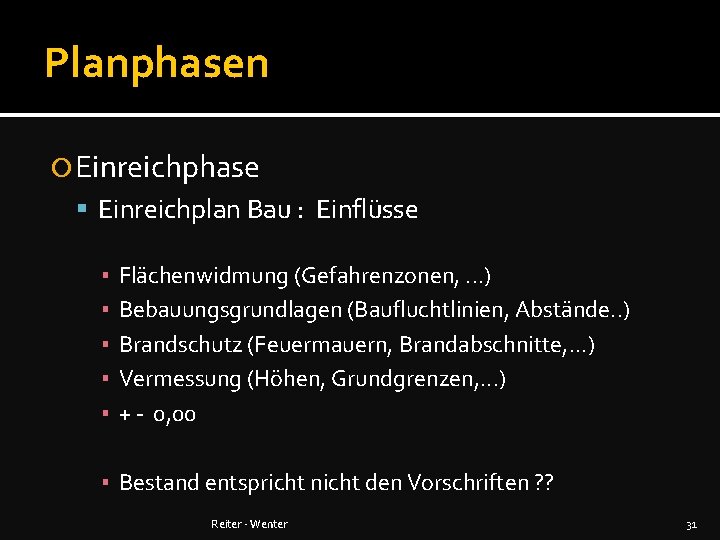 Planphasen Einreichphase Einreichplan Bau : Einflüsse ▪ ▪ ▪ Flächenwidmung (Gefahrenzonen, . . .